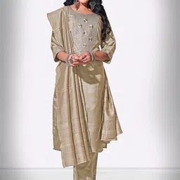 SARVAGNA Floral Yoke Design Zari Chanderi Silk Straight Kurta With Trousers And Dupatta-picture-53