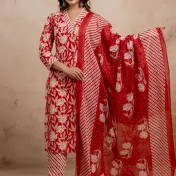Moda Rapido Floral Printed V-Neck Pure Cotton Straight Kurta & Trousers With Dupatta-54
