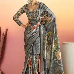 Sangria Tussar Floral Printed Saree With Blouse Piece-image-63