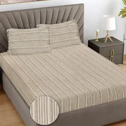 FABINALIV Cream Striped 300 TC Woollen King Bedsheet Set 2.5m X 2.25m-image-85
