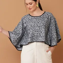 Moda Rapido Floral Printed Cape Sleeve Crepe Cape Top-image-76