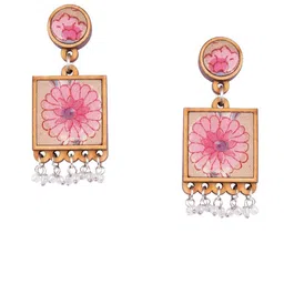 WHE Wooden Fabric & Artificial Beaded Square Shaped Drop Earrings image 4