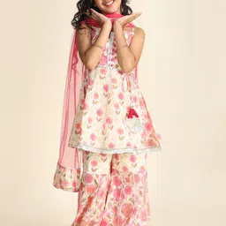 LIL PITAARA Girls Printed Regular Gotta Patti Pure Cotton Kurti with Sharara & Dupatta-picture-0
