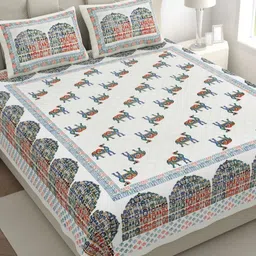 The Craft Monk White & Multicoloured 300 TC King Bedsheet with 2 Pillow Covers-14