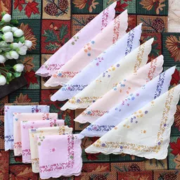 Kuber Industries Women & Girls Set Of 12 Multicolor Leaf Print Cutwork Cotton Hankies-8