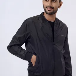 JADE BLUE Men Geometric Bomber with Patchwork Jacket-picture-1