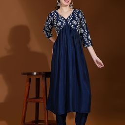 Raave Women Floral Embroidered High Slit Thread Work Kurta with Trousers-image-19