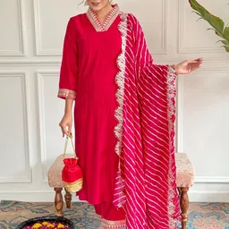 Lilots Women Embroidered Regular Thread Work Chanderi Silk Kurta with Palazzos & With Dupatta-image-28