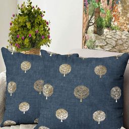 Blue Grass Blue & Gold-Toned 2 Pieces Ethnic Motifs Printed Velvet Square Cushion Covers-image-9