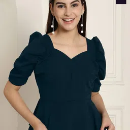 Tromko Solid Pack Of 2 Sweetheart Neck Puff Sleeve Peplum Top-17