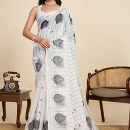 all about you Floral Printed Zari Pure Linen Saree With Blouse-picture-6