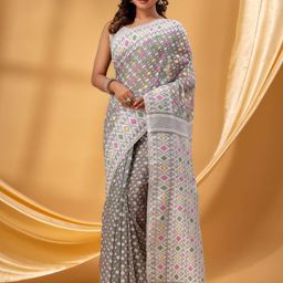 TANTLOOM Geometric Woven Design Jamdani Saree-image-19