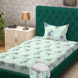Myntra Elegant Homes Green & White Cartoon Characters 400 TC Single Bedsheet with 1 Pillow Covers-image-95