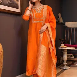 KALINI Women Orange Silk Blend Embroidered Straight Kurta Set With Dupatta-42