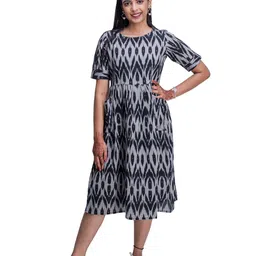 Vivika Women Ikkat Printed Round Neck Cotton A-Line Dress-image-77