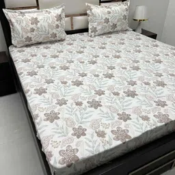 Pure Decor White & Beige Floral 330 TC King Bedsheet with 2 Pillow Covers-image-12