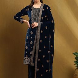 Biba Ethnic Motifs Embroidered Sequinned Straight Kurta With Trouser & Dupatta-10