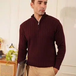 KVETOO Men Cable Knit High Neck Half Zipper Woolen Pullover-picture-36