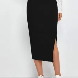 QIOA Below Knee Slit Pencil Midi Skirt-image-75