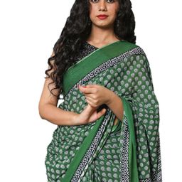 JALTHER Green & White Ethnic Motifs Pure Cotton Block Print Saree-15