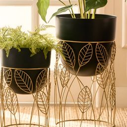 Home Centre Gardenia Rancher 2Pcs Black & Beige Metal Floor Planters With Stand-18