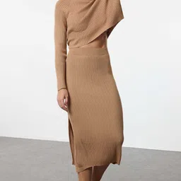 Trendyol Ribbed Self Design High Neck Sweater And Skirt-78