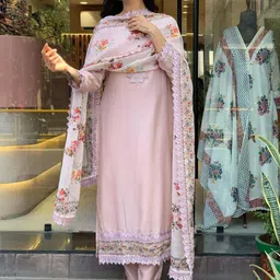 KALINI Women Floral Embroidered Thread Work Chanderi Silk Kurta with Trousers & Dupatta-picture-12
