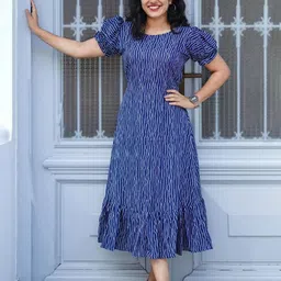 FoxDX Women Geometric Print Puff Sleeve Fit & Flare Midi Dress-image-27