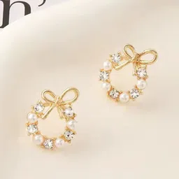 PolluxCraft Korean Gold-Plated Artificial Stones Studded & Beaded Contemporary Studs-8