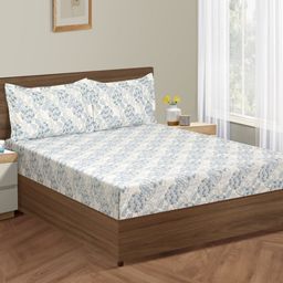SWAYAM Vedda White & Blue Floral Printed Cotton 160 TC King Bedsheet with 2 Pillow Covers-image-15