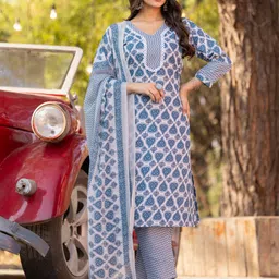 KALINI Floral Printed V-Neck Pure Cotton Straight Kurta With Trousers & Dupatta-image-98