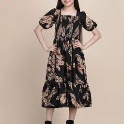 Pinly Tropical Print Puff Sleeve Crepe Fit & Flare Midi Dress-picture-7