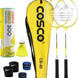 Badminton Racket Set - 2 CB-86 Racket, 1 Aero 500 "6 Shuttle", 2 Grip, 2 Band Yellow Strung Badminton Racquet-picture-3