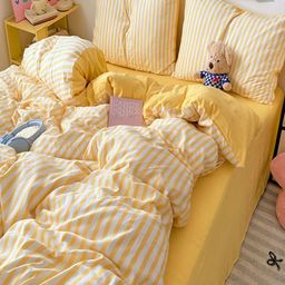 JC HOME Yellow & Cream-Coloured Striped Polycotton 3 Piece Double Queen Regular Bedding Set-image-34