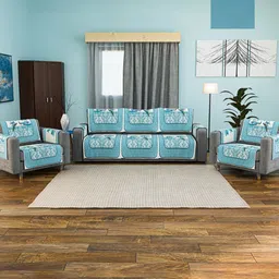 Aura Blue 16 Pcs 5 Seater Peacock Printed Velvet Sofa Cover With Arms-image-22