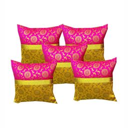 Pink Parrot Pink & Yellow 5 Pieces Ethnic Motifs Jacquard Silk Square Cushion Covers-57