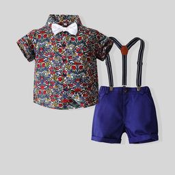 LULU & SKY Boys Floral Printed Pure Cotton Shirt With Suspender Shorts-image-66