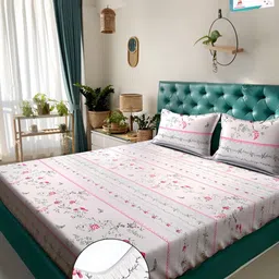 Myntra Elegant Homes Cream-Coloured Floral Printed Fitted 300 TC Super King Bedsheet With 2 Pillow Cover-image-34