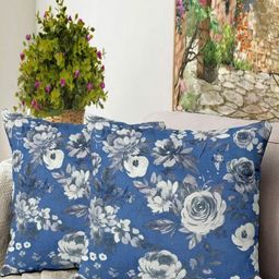Blue Grass Blue And White 2 Pieces Floral Printed Velvet Square Cushion Covers-image-2