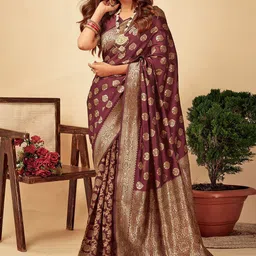 KALINI Ethnic Motifs Zari Silk Blend Banarasi Saree-image-41