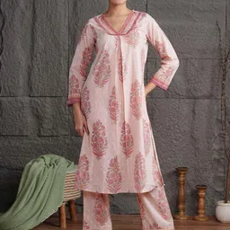 Anouk Women Cotton Floral Printed V-Neck with Lace Work Kurta with Palazzo Set-picture-0