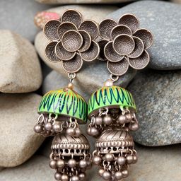 Bucciato Private Limited Brass-Plated Ghungroo Beaded Oxidised Dome Shaped Jhumkas-48