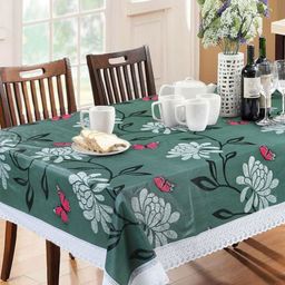 LooMantha Green Floral Waterproof Plastic 6-Seater Table Cover-56
