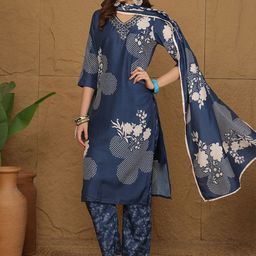 Anouk Floral Printed Mirror Work Muslin Straight Kurta With Trousers & Dupatta-4