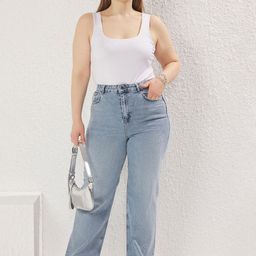 Trendyol Women Regular Fit Mid-Rise Light Fade Embellished Jeans-picture-34