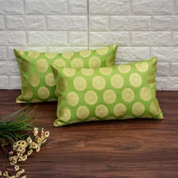 RoyalDeco Green & Gold-Toned Set of 2 Ethnic Motifs Rectangle Cushion Covers-picture-5
