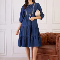 Orchid Blues Embroidered Puff Sleeve A-Line Midi Dress-picture-20