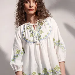 Vara By Vishudh ESelf Design Embroidered Tie-Up Neck Puff Sleeves Cotton Top-image-12