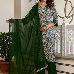 SKYLEE Floral Printed V-Neck Straight Kurta With Trousers & Dupatta-picture-27