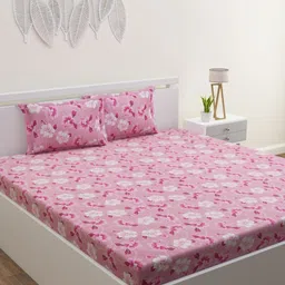 HOME AFFAIRS Pink & Off White Floral 120 TC Queen Bedsheet with 2 Pillow Covers-image-93